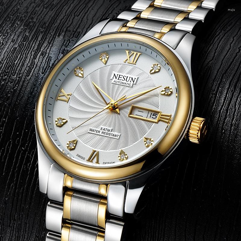 

Wristwatches NESUN Watch Men's Automatic Mechanical Stainless Steel Waterproof Watches Week Display Clock Reloj Hombre, Simple style-gold