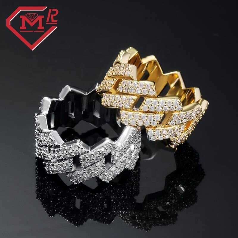 

Rappers Iced Out 2 Rows Sterling Silver Cuban Ring Vvs1 Mens Hip Hop Moissanite