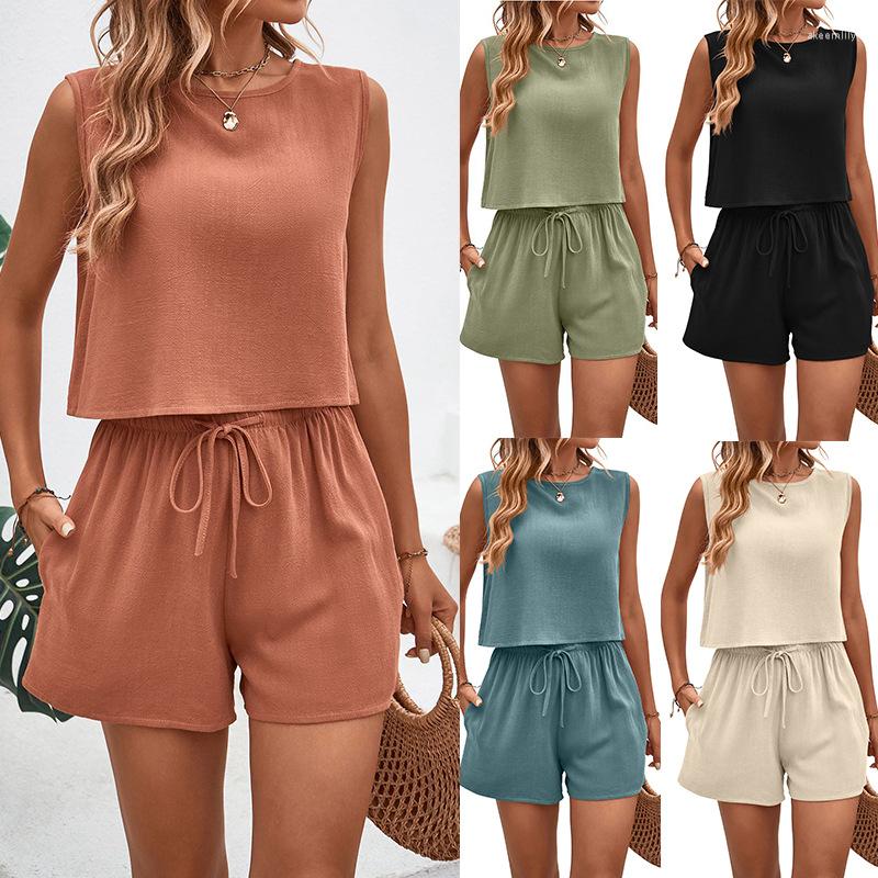 

Women' Tracksuits Women' Fashion Two Piece Set Suit Summer Tank Blouse Drawstring Casual Shorts Loose O-neck Pocket Suits Women, Black