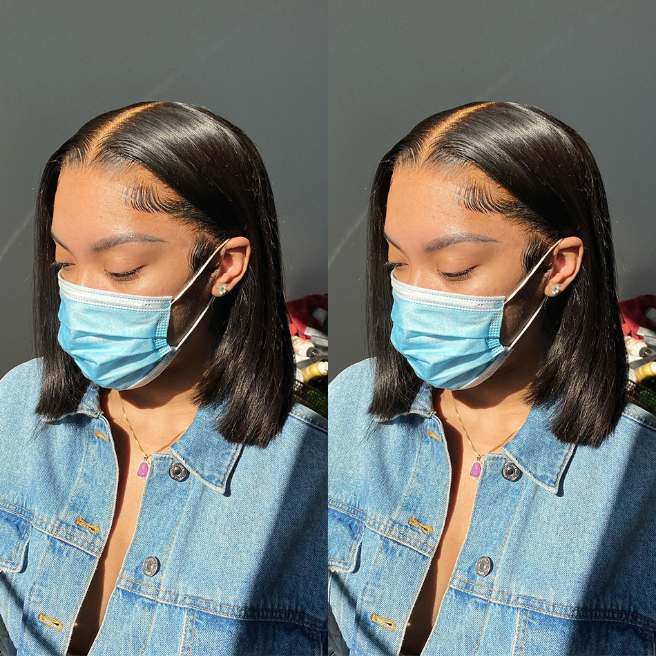 

Short Bob Wig Bone Straight Lace Human Hair Wigs Brazilian Remy 180 Density 5x5x1 T Part Lace Closure Wig for Black Women, Natural color
