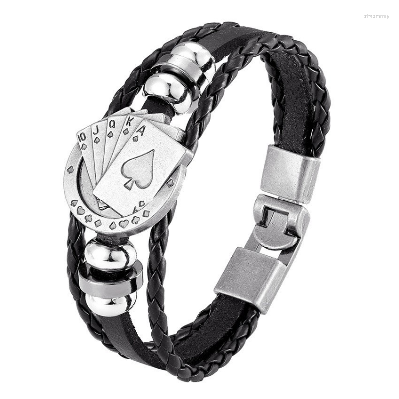 

Strand Poker Black K Alloy Bead Multilayer Handmade Wove Leather Bracelet Vintage Men Casual Fashion Hand Chian Jewelry Accessory Gift
