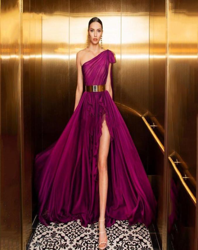 

Charming One Shoulder Purple Prom Dresses Sexy Side High Slit Open Back Long Formal Evening Gowns Cheap Chiffon Women Dress vestid2647656, Hunter green