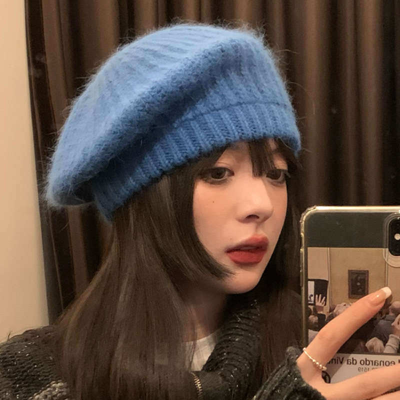 

Rabbit Hair Hats for Women Autumn and Winter Korean Big Head Circumference Knitted Berets Warm Japanese Retro Painter Cap