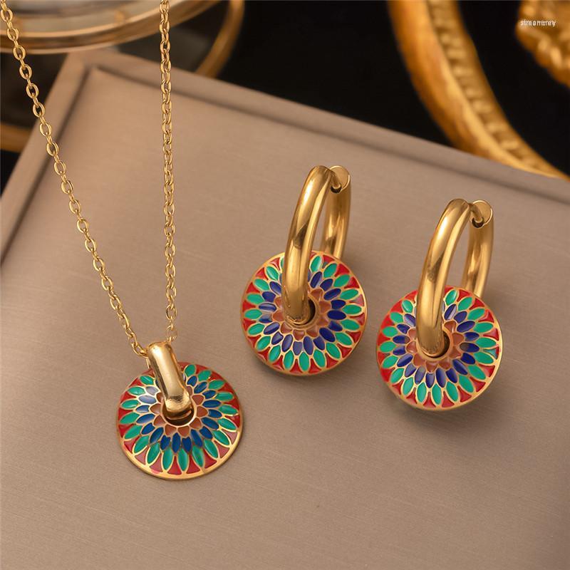 

Necklace Earrings Set 316L Stainless Steel Drop Glaze Circle Flower Jewelry Bijoux Mariage Wedding Bridal Sets, Picture shown
