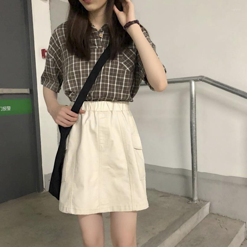 

Skirts Summer Women Korean Preppy Girls Female Pocket Design Retro Elastic Waist All-match Fashion Skirt Cargo Chic Casual Wear, Black