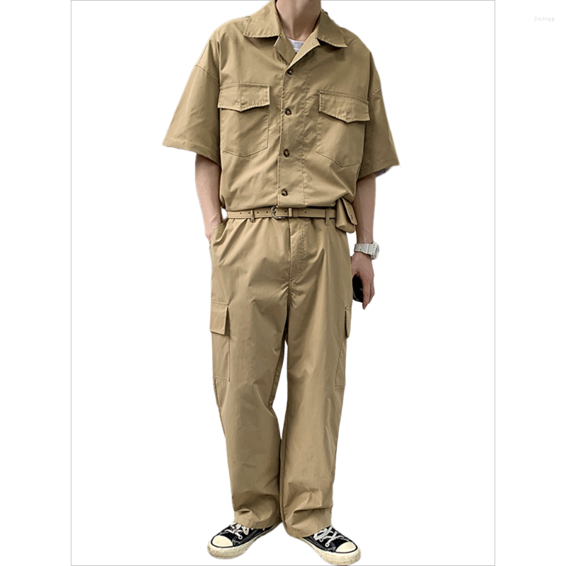 

Men's Pants Japanese Retro Overalls Loose Rompers Button Amekaji Casual Solid Color Cargo Jumpsuit Trousers Male Work Clothes, Black