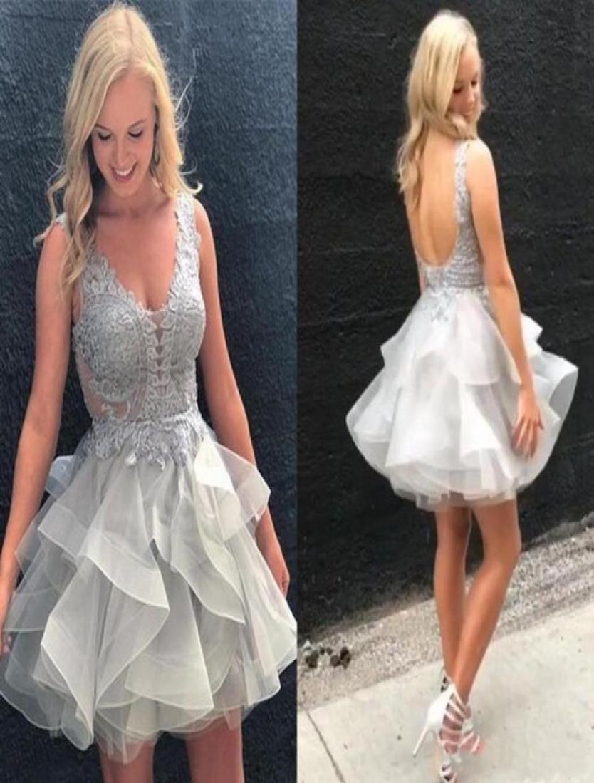 

2019 Charming Sliver Lace Homecoming Prom dress Short Cheap V neck Open Back Sequin Ruffles A line Organza Graduation Cocktail Par7025090, Lilac