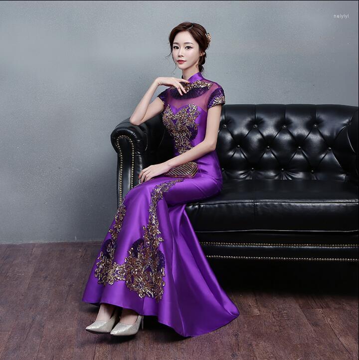 

Ethnic Clothing Purple Cheongsam Dress Women Chinese Oriental Fish Tail Embroidered Summer Open Back Host Stage