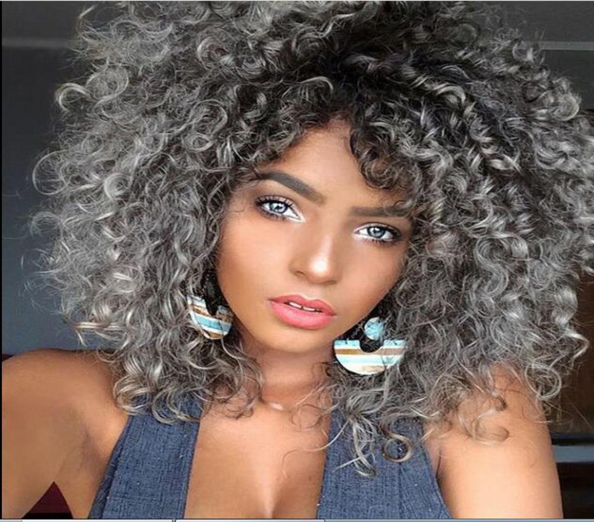 

gtgtgtWomen039s Kinky Curly Natural Black Grey Ombre Hair Heat Resistant Synthetic Wig7682307