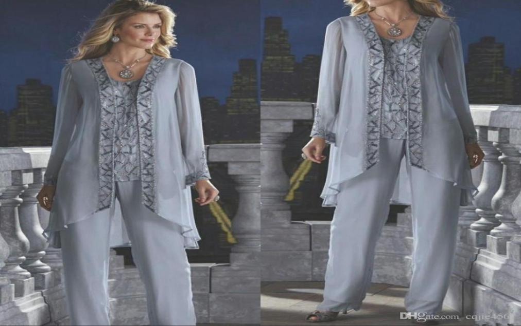 

2019 New Mother Of The Bride Groom 3 Piece Pant Suit Silver Chiffon Beach Wedding Mothers Dress Long Sleeves Beads Formal Evening 5574184