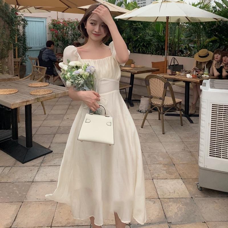 

Party Dresses Square Collar Summer Dress Women Puff Sleeve Long Midi A-Line Solid Backless Bow Lace Up Sweet Elegant Z938, Purple