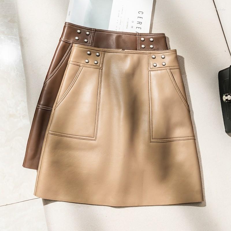 

Skirts Genuine Leather Women A-line Short Skirt With Buttocks Wrapped Sheepskin High Waist Brown Female Fashion Vestido Harajuku Y2k, Black
