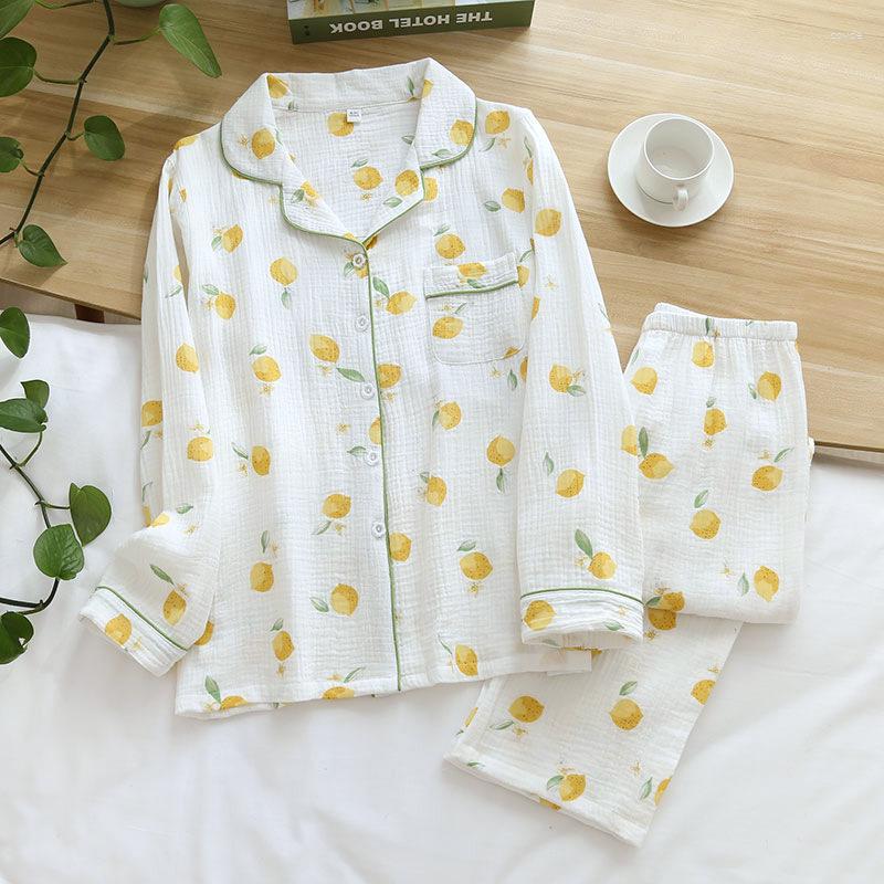 

Women's Sleepwear 214 Cotton Korean Lemon Print Pajamas For Women Summer 2023 Pyjamas Girls Pijama Pant Long Sleeve Two Piece Home Suits, White