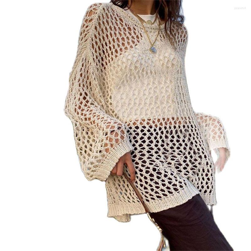 

Women' Sweaters Summer 2023 Fashion European-USA Style Knitwear Women O-Neck Hook Flower Hollow Out Mesh Long Sleeve Loose Knit Smock, Black