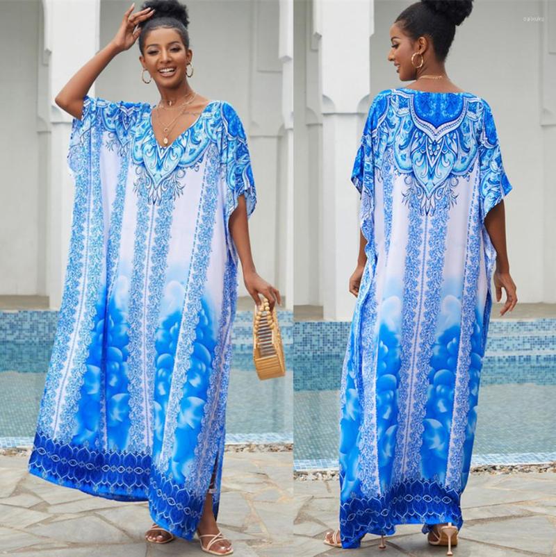 

Women's Swimwear Loose Style Blue Kaftan Beach Dress Summer Women V Neck Beachwear Cotton Tunic Oversize Bikini Cover-ups Robe De Plage