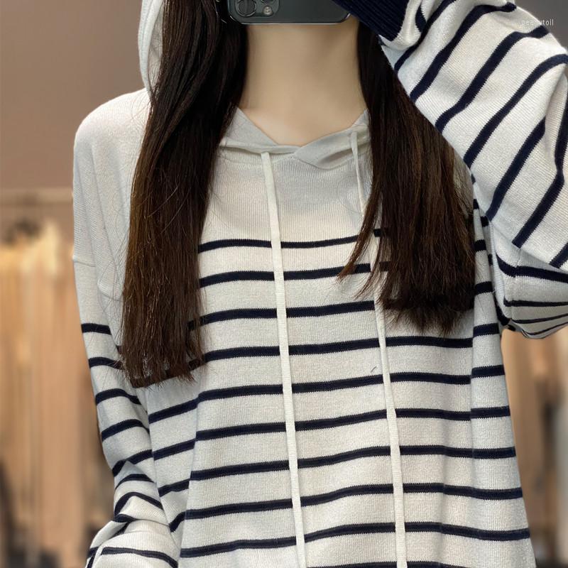 

Women's Sweaters MVLYFLRT 2023 Spring Hooded Sweater Fashion Knitted Women's Stripe Top Casual Loose Large Pullover Wool, White