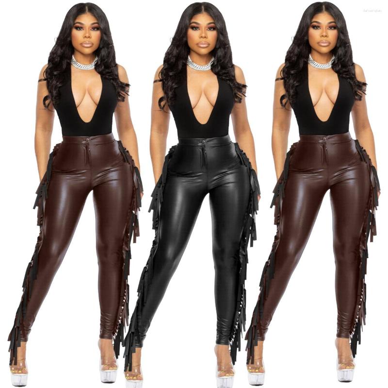 

Women' Pants Fringed Leather Women 2023 Autumn Fashion Stretch Skinny High Waist Tassel Trousers Woman Black PU Pencil Streetwear