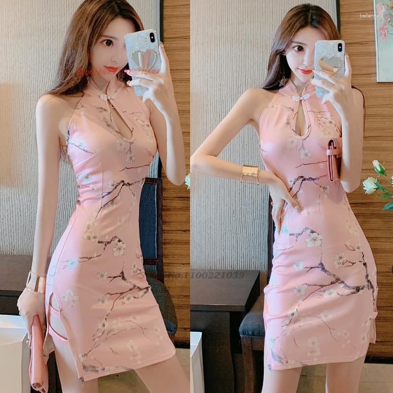 

Ethnic Clothing 2023 Chinese Sleeveless Cheongsam French Retro Sexy Vintage Oriental Flower Print Qipao Party Asian Dress Women Bodycon