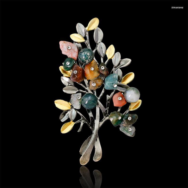 

Brooches Retro Natural Stone Lucky Tree Brooch Luxury Neckline Corsage Women's Coat Suit Pin Button Korean Accessories Jewelry Gifts