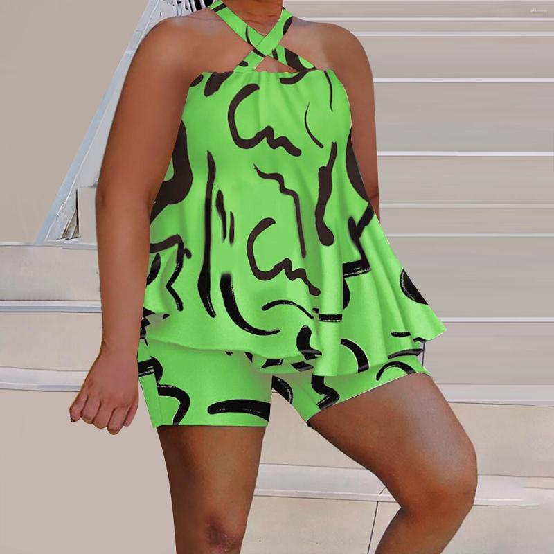 

Women's Tracksuits 2 Piece Suits African Women Two Printed Halter Neck Strapless Sleeveless Top Shorts Set Outfits Suspender Female Clothing, Green