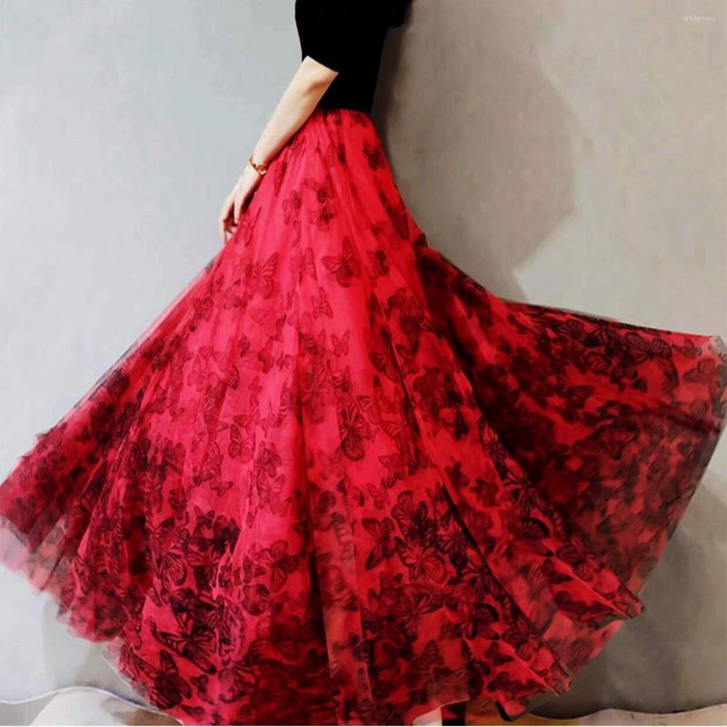 

Skirts Spring And Summer Elegant Red Mesh Butterfly Pattern Flowy Women Long Maxi A-line Skirt 2023 Plus Size For Womens