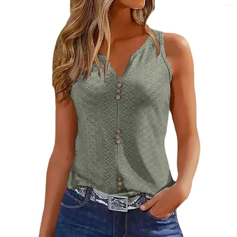 

Women' Tanks Women' Solid Color Hollowed Out Round Neck Button Strap Vest, Green