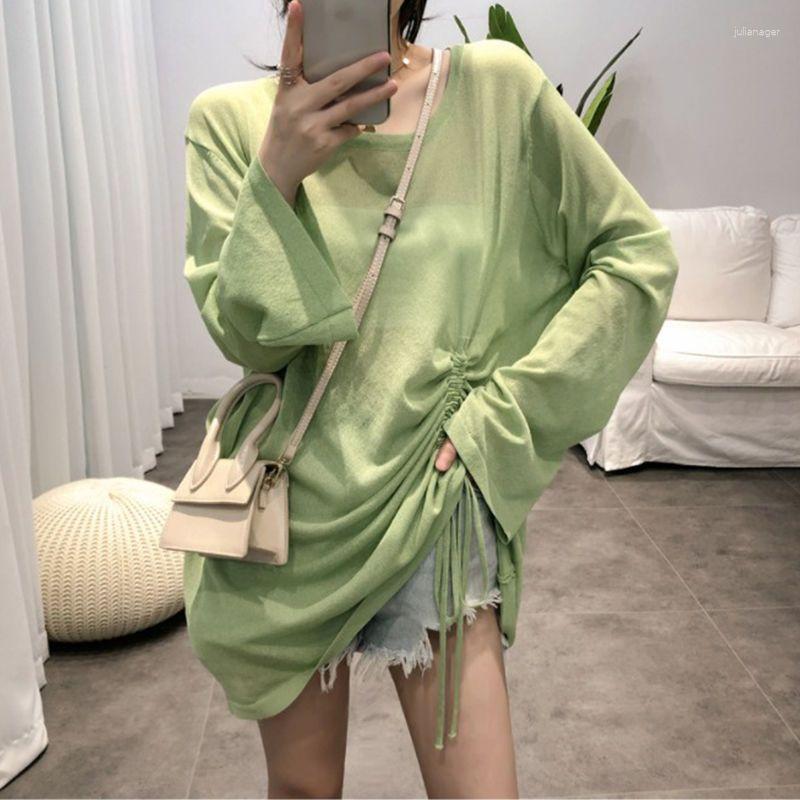 

Women's T Shirts 2023 Summer Casual Fashion Shirring Solid Color Loose O-neck Long Sleeve Sunscreen Pullovers Simplicity Pleated Tops, Green