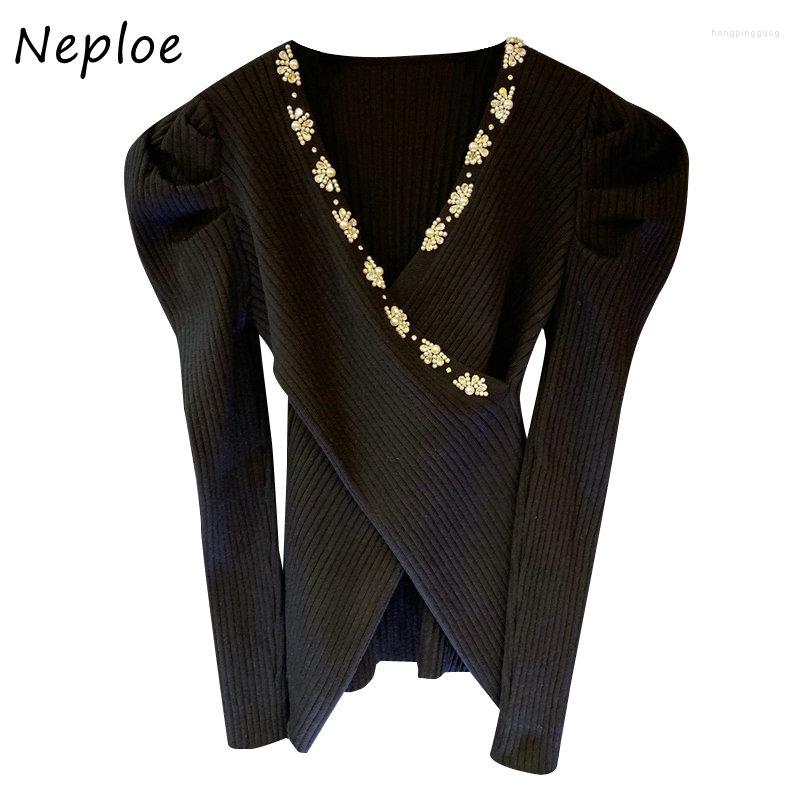 

Women's Sweaters Neploe Early Spring Vintage Jersey Mujer Pull Femme V Neck Heavy Beading Criss-cross Sweater Y2k Solid Color Long Sleeve, Creamy-white