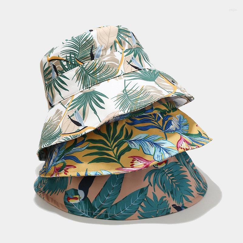 

Berets 2023 Polyester Flower Print Bucket Hat Fisherman Outdoor Travel Sun Cap For Men And Women 59, White