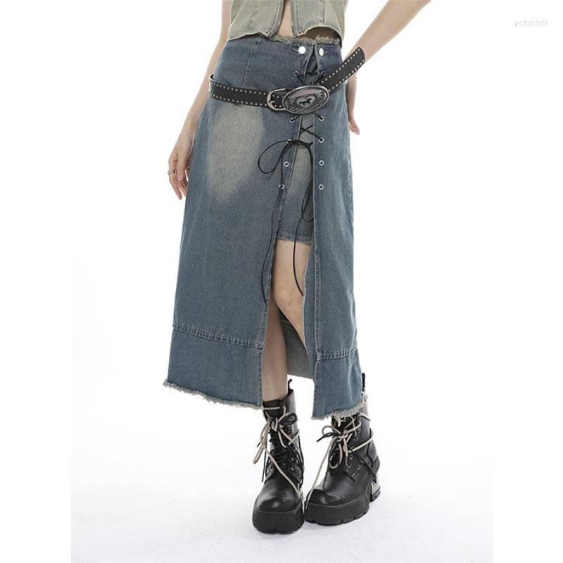 

Skirts Vintage Loose Chic For Women Elegant High Waist Office Lady Long Skirt Fashion Blue Denim Female Clothing