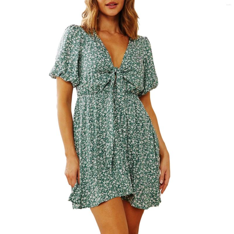 

Casual Dresses Boho Floral Smocked For Women Summer Midi Dress Puff Sleeve V Neck A Line Flowy Holiday Loose Vestidos, Green