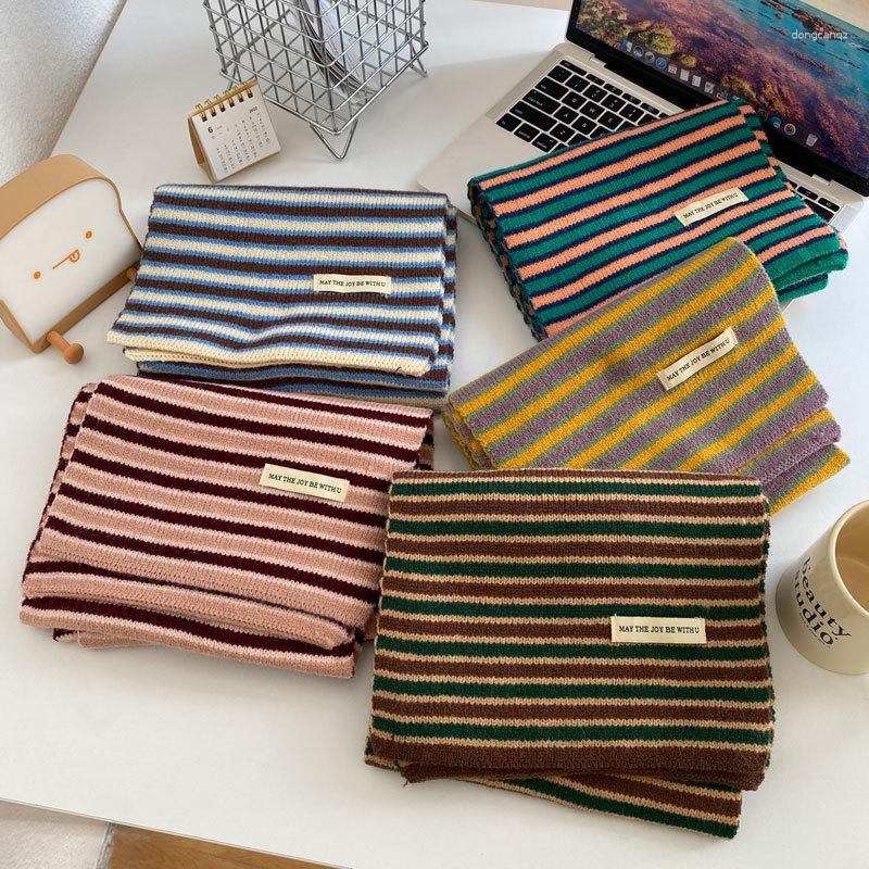 

Scarves Korean Style Stripe Knitted Scarf For Women Woolen Yarn Neckerchief Warm Winter Thick Muffler Lady Shawl Neck Wraps Bufanda 2023