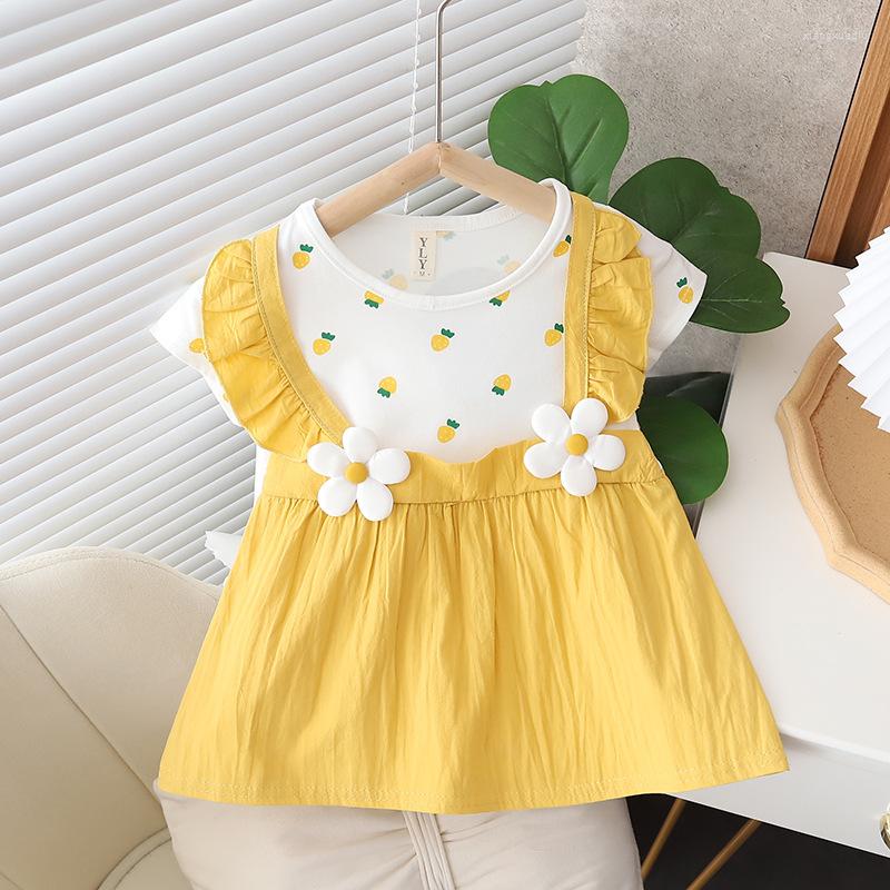 

Girl Dresses Sweet Kid Girls Summer Dress O-Neck Strawberry Print Flying Sleeve Vestidos 2023 Korean Style Fake Two Pieces Children's, Pink