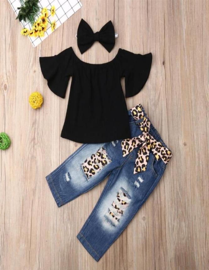 

3PCS Toddler Baby Girls Clothes Sets OffShoulder Tops TShirt Leopard jeans Pants Headband Summer Set8200989, Red