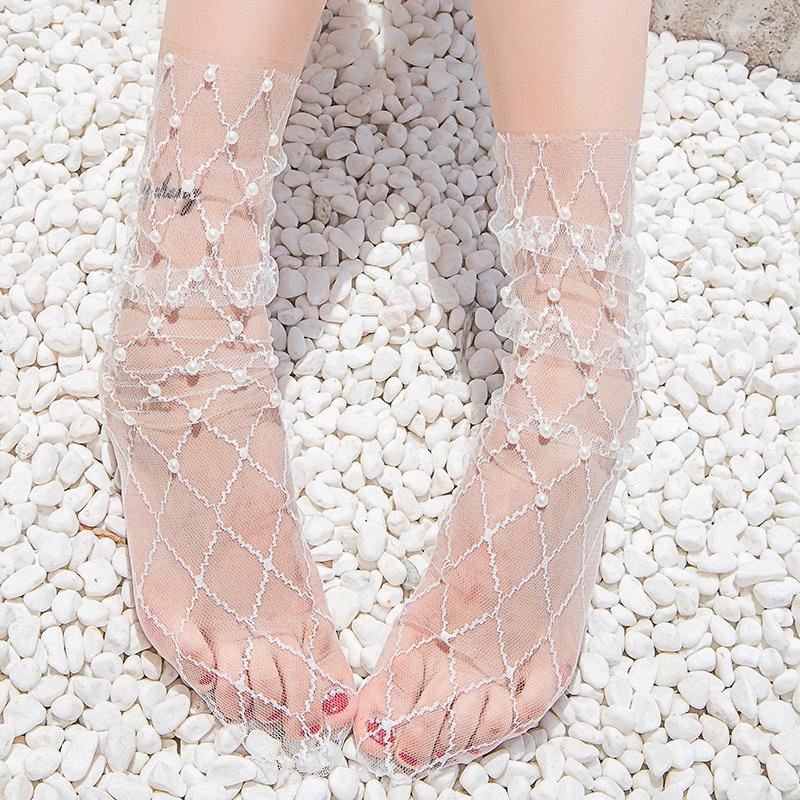 

Women Socks Fashion Pearl Lace Stockings Transparent Thin SoTullecks Female Chiffon, Black