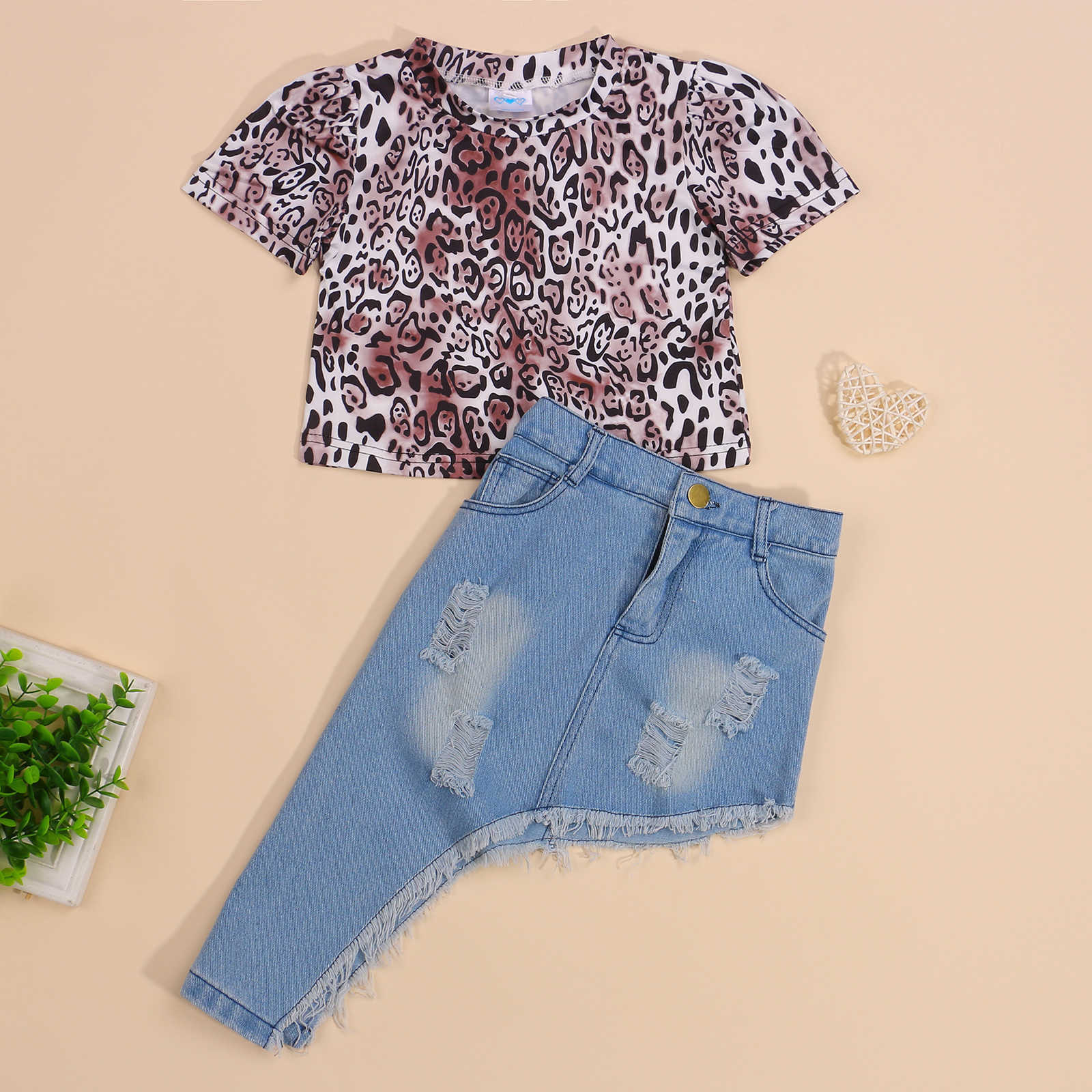

T-shirts Fashion Summer 2Pcs Kids Girls Outfits Suit Toddler Leopard Short Sleeve T-shirt and Ripped Denim Irregular Skirt Clothes Set x0628, Blue