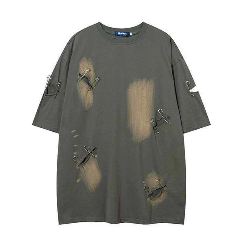 

Original China-Chic brand niche design pin hand-painted short sleeve men and women ins lovers high street hole half sleeve T-shirt, Black5