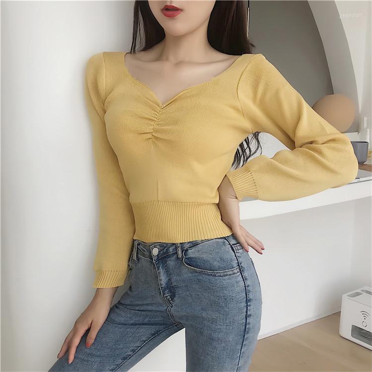 

Women's Sweaters 2023 Autumn Girls V-neck Knitted Full Sleeve Cropped Sweater Pullover Women's Vintage Jumpers Crop Tops, Green