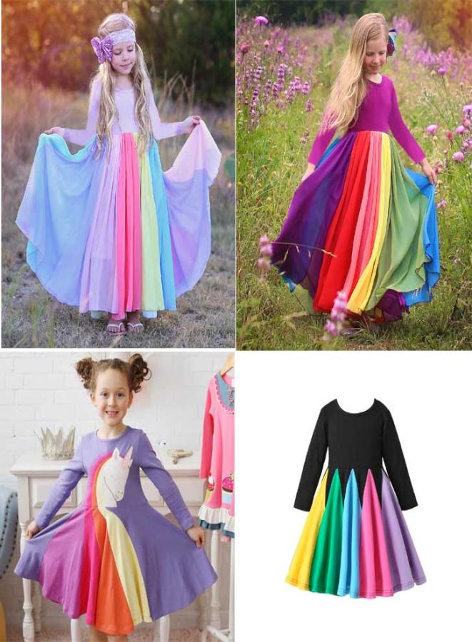 

New Kids girls Clothing dresses Long Sleeve Rainbow Princess dress Spring Fall girl elegant soft girl dress5856472, Multi-color