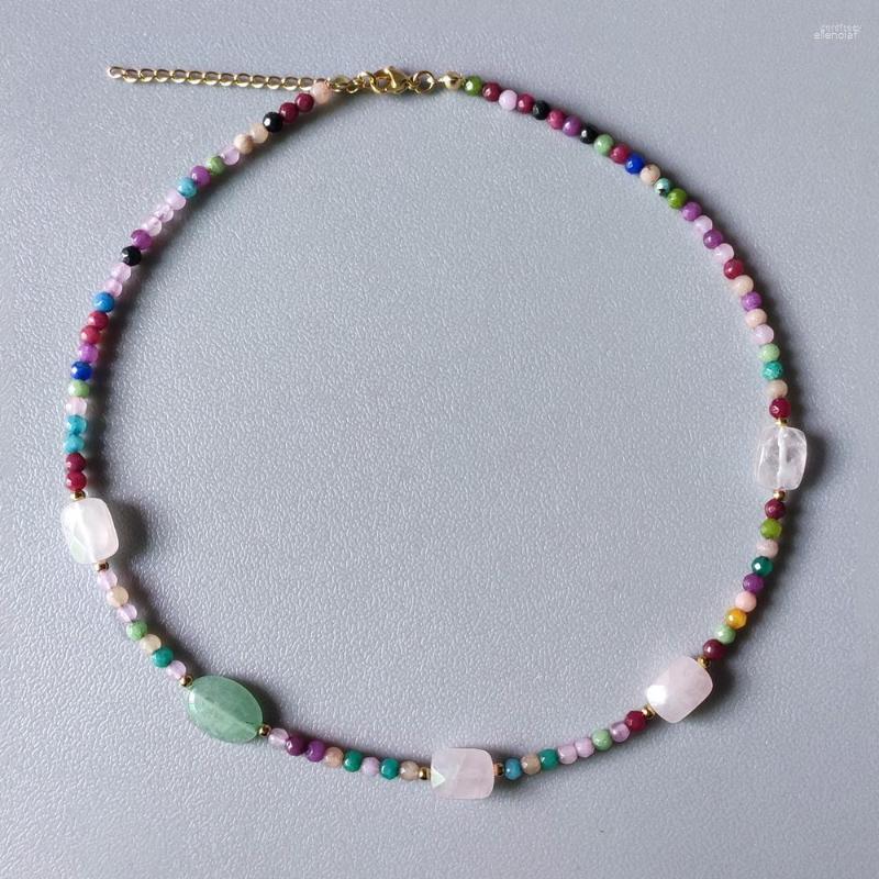 

Choker Retro Charm Colorful Faceted Stone Beaded Necklace Pink Quartz Green Aventorine Decorated Collar Creative Design Rainbow
