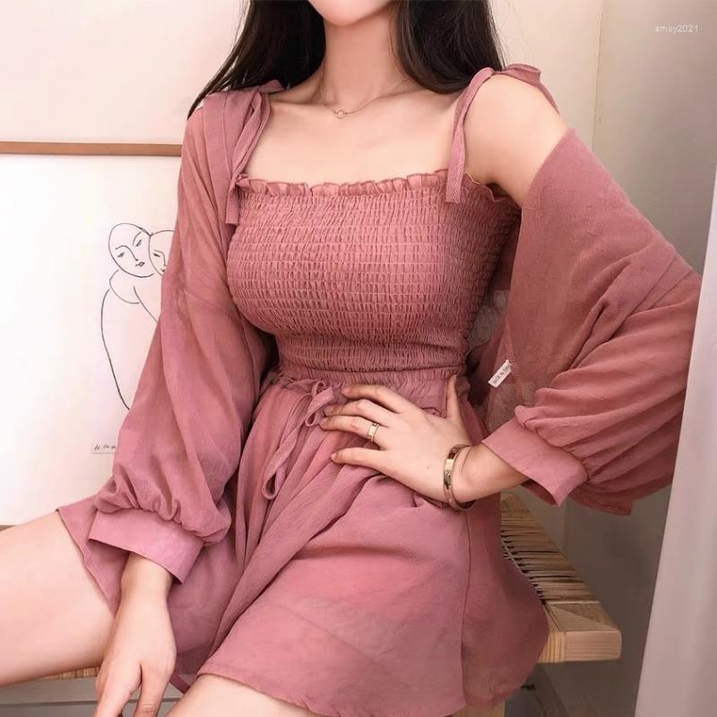 

Women's Tracksuits Summer Casual Three-piece Suits Women Solid Color Chiffon Coat Soft Camisole Elastic Waist Short Pants Simple Fashion, Black
