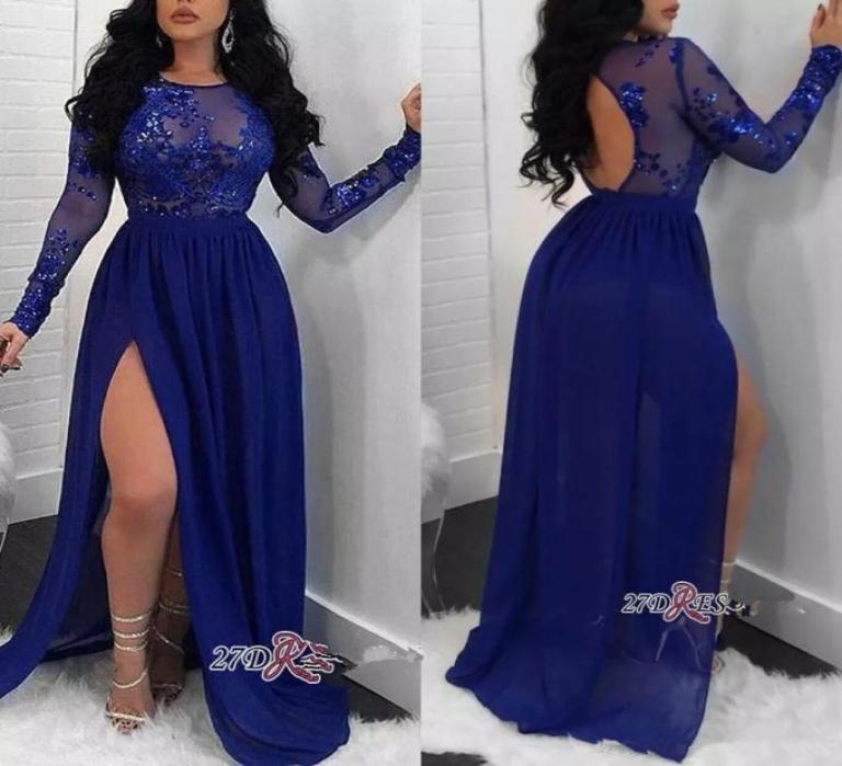 

High Split Side Lace Prom Dresses Royal Blue Crew Long SleevesSequins Chiffon Keyhole Backless Party Dresses Evening Wear vestidos6482570, White