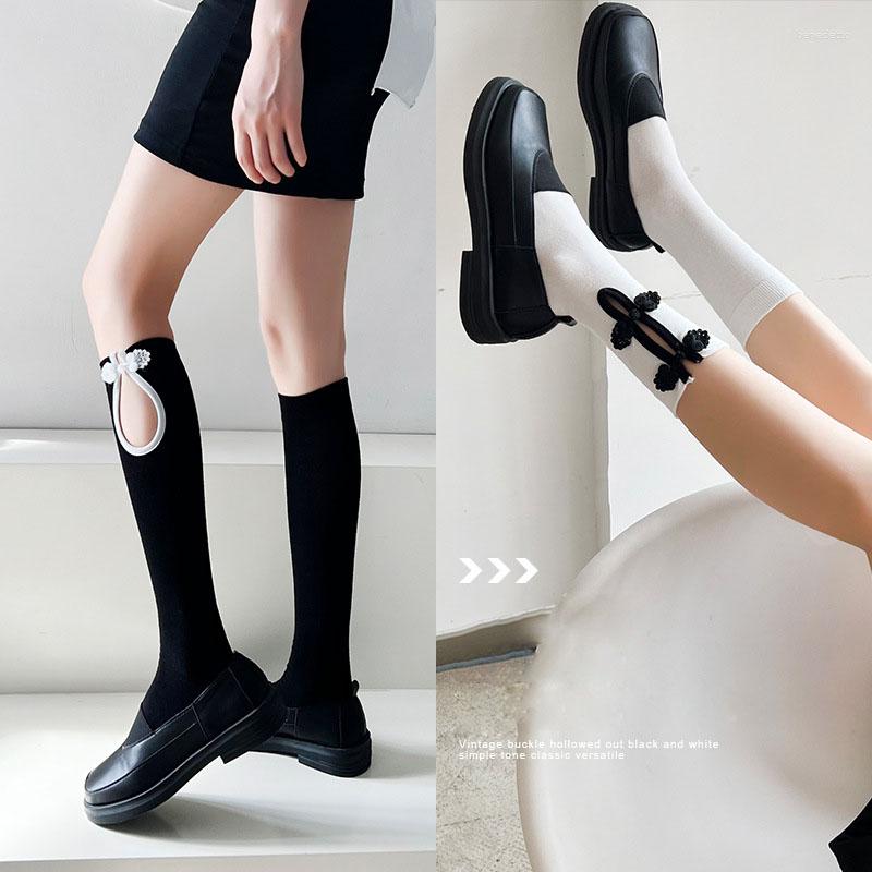

Women Socks Vintage Chinese Style Knee-high Summer Women's With Buttons Casual Lolita Calf Kawaii, Black short -2139