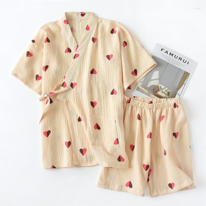 

Women's Sleepwear Summer Cotton Crepe Pajamas Women's Short-sleeved Shorts Love Print Homewear Suit Japanese Kimono Lace-up Thin Pijamas, Pink