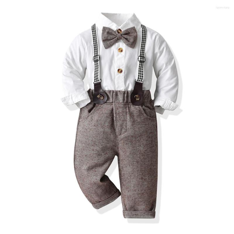 

Clothing Sets Autumn Children Boy Formal Set Toddler Gentleman Fall Long Sleeve White Shirt Suspenders Gray Pants Clothes Outfits, Boy suit