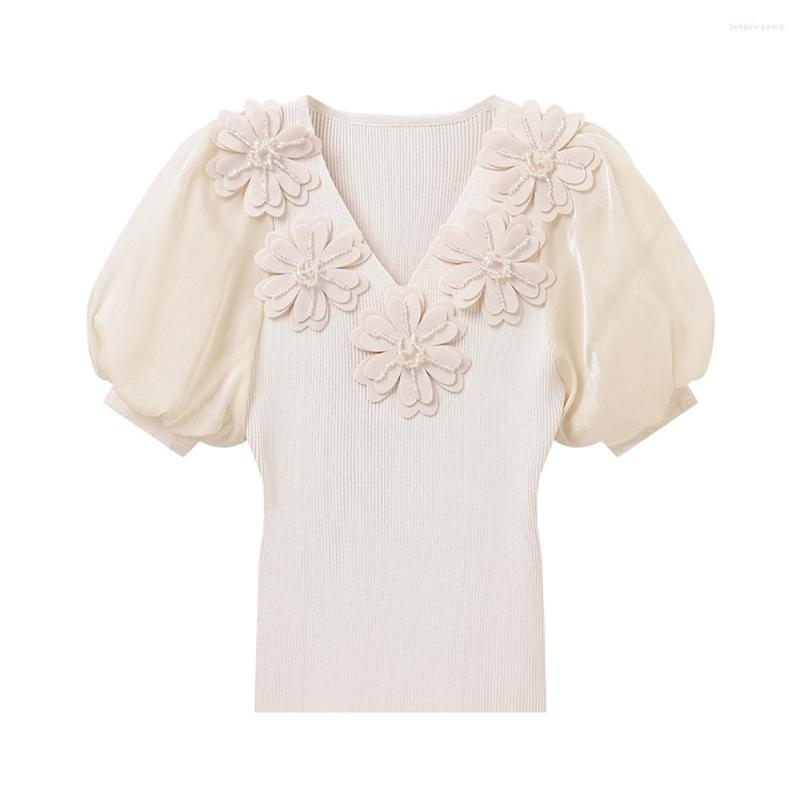 

Women's Sweaters Summer Thin Slim Patchwork Floral Beading Knitted Pullover Women Fashion Puff Short Sleeve V-Neck Red Black White Ladies, Beige