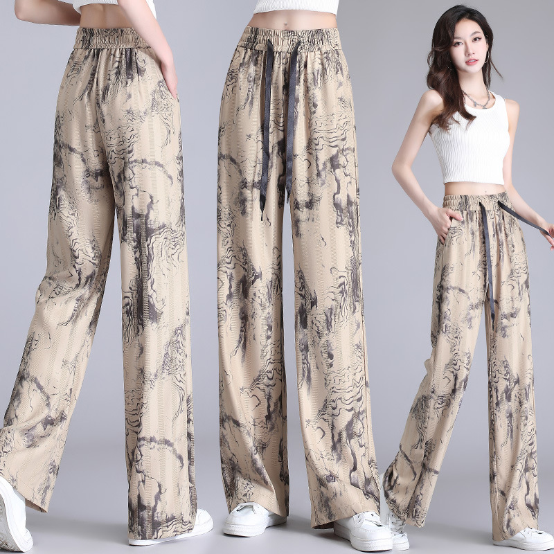 

Ink painting tie-dyed Women' Pants summer straight tube Capris printed casual middle-aged and elderly thin wide leg Trousers, Beige