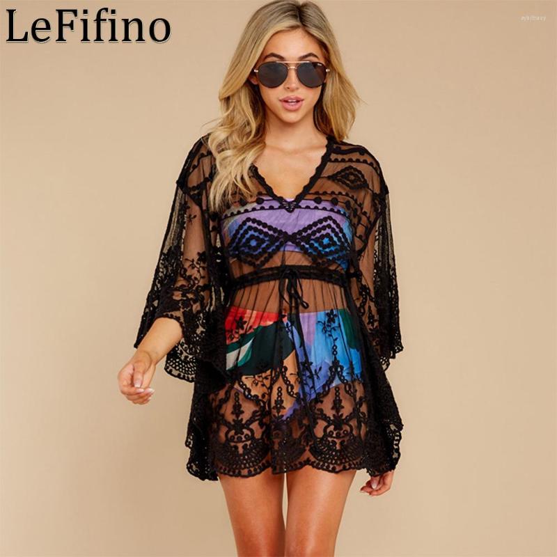 

Women's Swimwear Fashion Summer Lrregular Lace Transparent V-neck Sexy Medium Long Sleeves Beach Sun Protection Skirt Bikini Cover Up