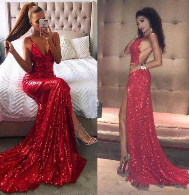 

2019 Sexy Criss Cross Backless Red Sequined Prom Dresses Mermaid Spaghetti Straps V Neck Long Split Evening Gowns Cheap BA81599279963, Dark navy