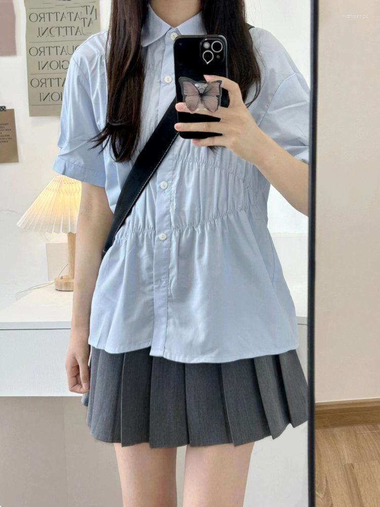 

Women's Blouses 2023 Summer Loose Solid Short Sleeve Blouse Women Y2k Aesthetic Shirt Pleated Preppy Tops Casual Fashion All Match Cute, Blue